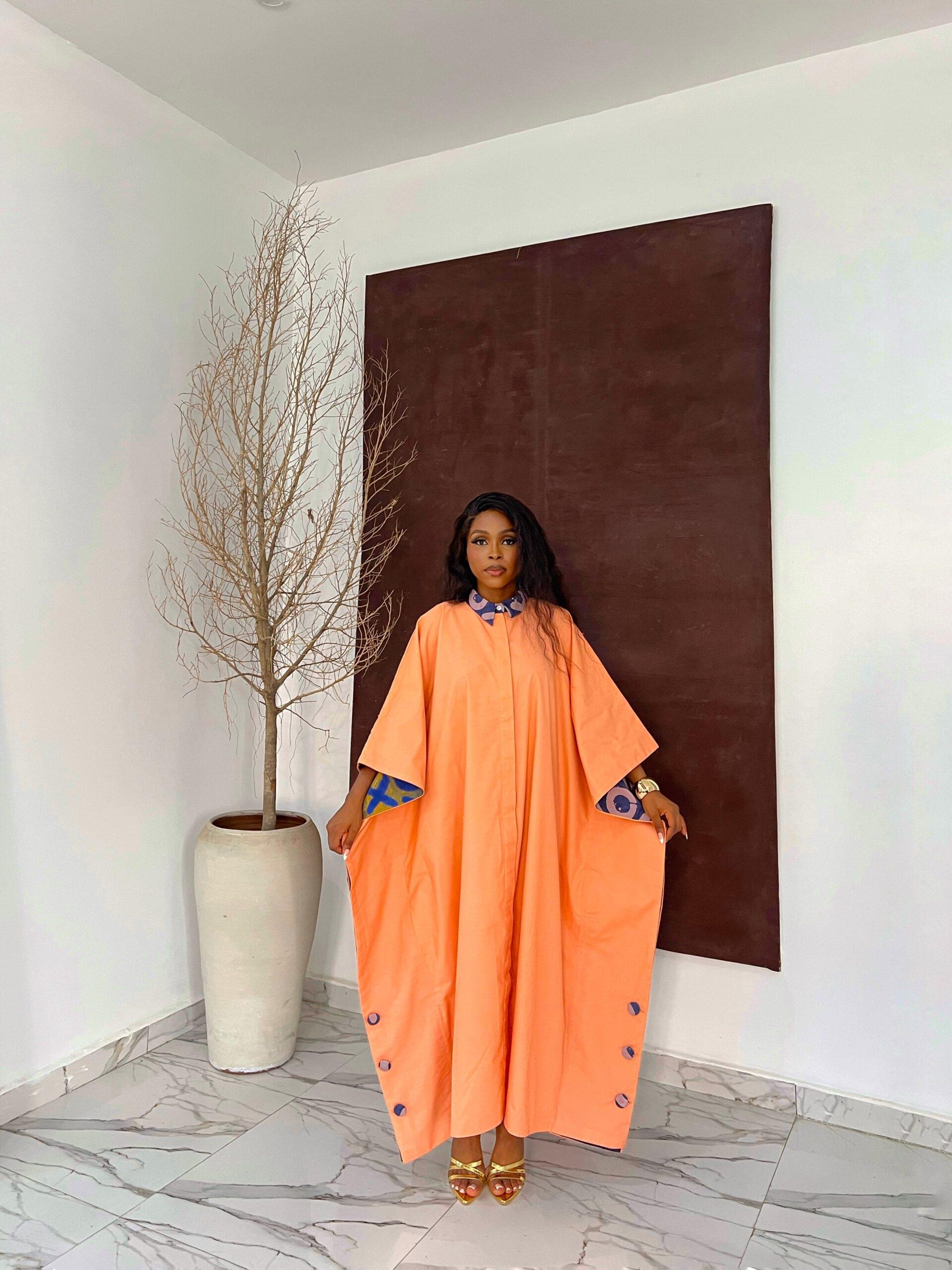 JOBA BUBU butterfly bubu dress for sale showing a picture of Joba Bubu dress made by tailored by adunni