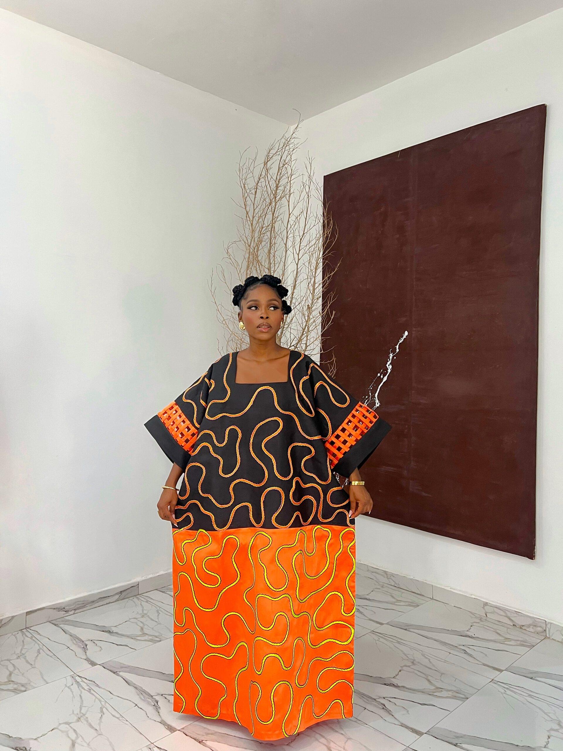 ARLEY BUBU Buy Midi-Length Mikado Bubu Dress Lagos – Luxury embroidered Mikado silk with spiral design and basket sleeves