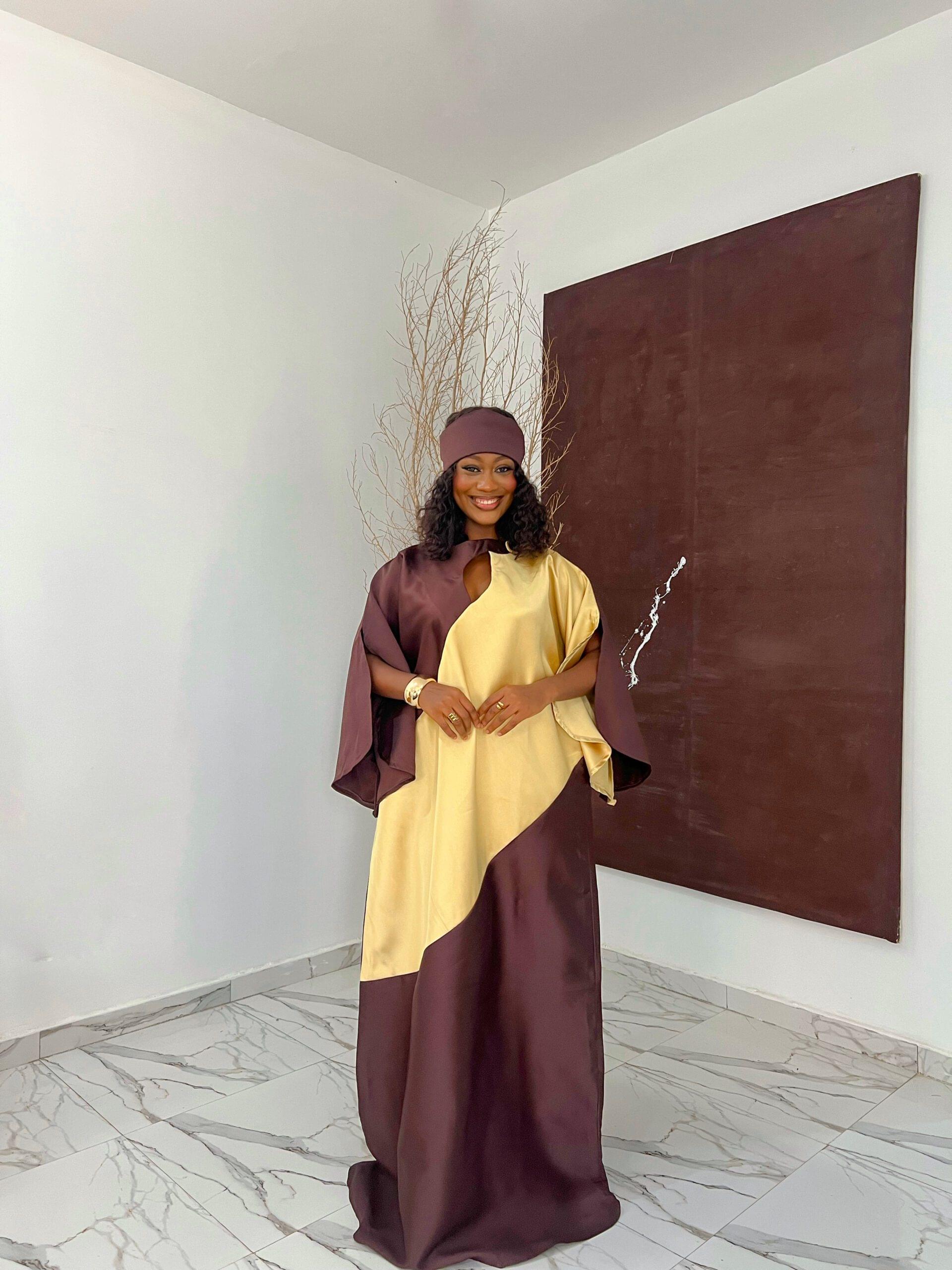 BETHANY BUBU Buy color mix bubu dress online – elegant Mikado silk bubu with spiral cutout and button neckline from Tailored by Adunni