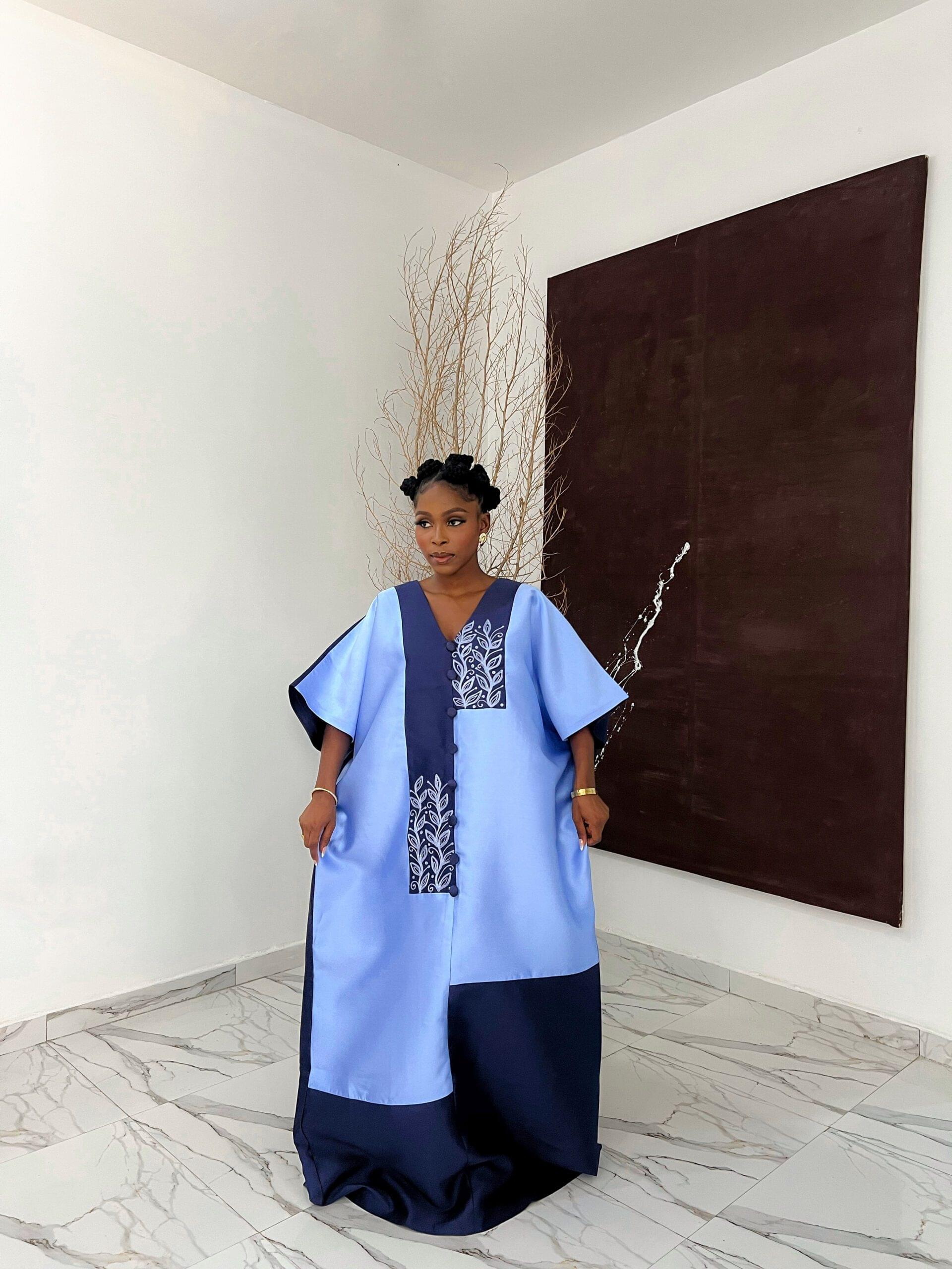 BLOSSOM BUBU Two-tone full-length Boubou dress with V neckline and floral embroidery made from Mikado silk – buy Boubou dress Lagos online at Tailored by Adunni