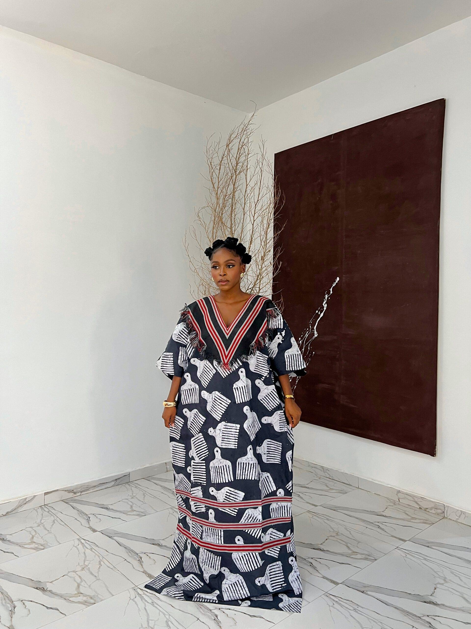 DUNKE BUBU Buy Asooke Bubu Lagos – Full-length Adire Bubu Dress with Frayed V-Neck Asooke Detail by Tailored by Adunni