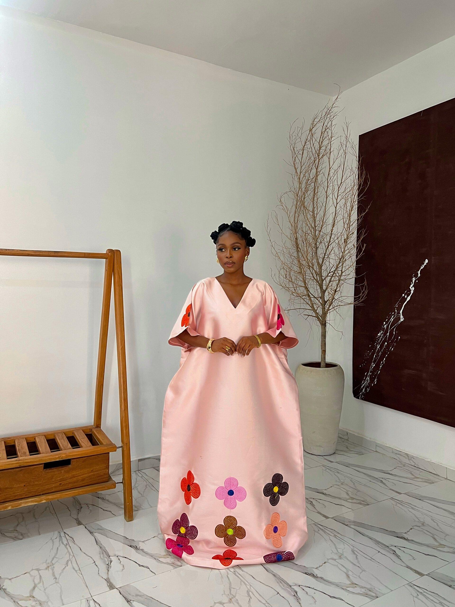 Buy Mikado Bubu Dress Lagos – Elegant full-length Mikado silk bubu with floral embroidery by Tailored by Adunni.