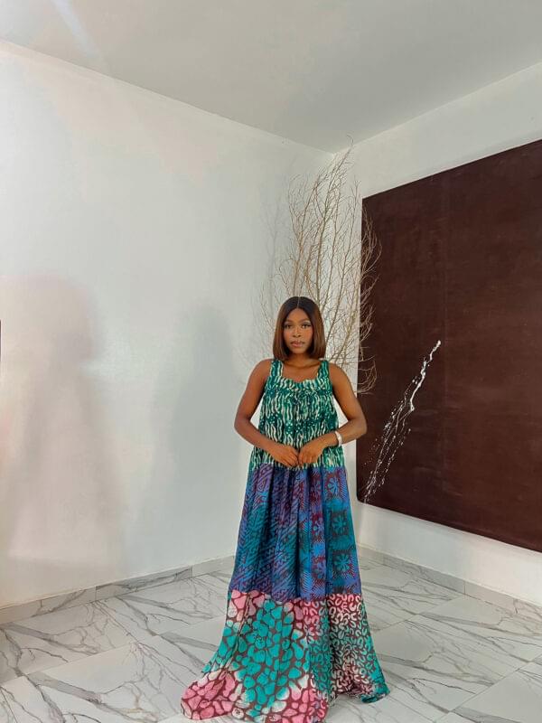 Buy Square Neck Adire Crepe Maxi Dress Lagos – stylish women’s adire crepe maxi dress with square neckline.