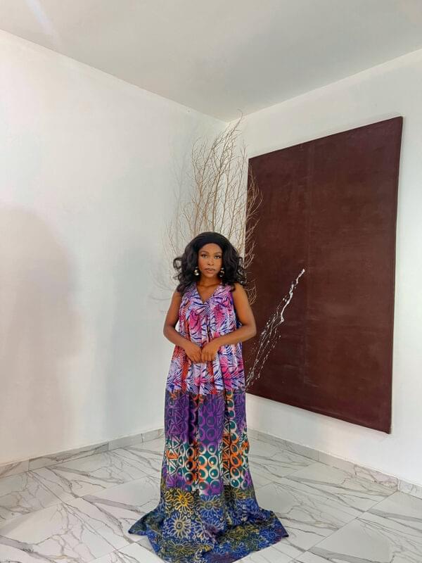 Buy V Strap Adire Crepe Maxi Dress in elegant adire fabric – stylish women’s maxi dress with unique v-strap design, available at Tailored by Adunni.