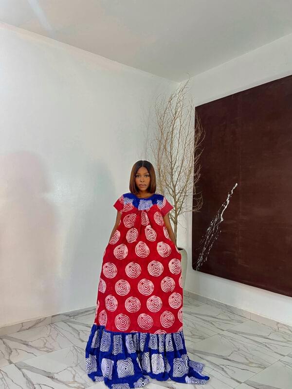Buy gathered hem adire crepe maxi dress – elegant long crepe dress with cap sleeves in Nigeria