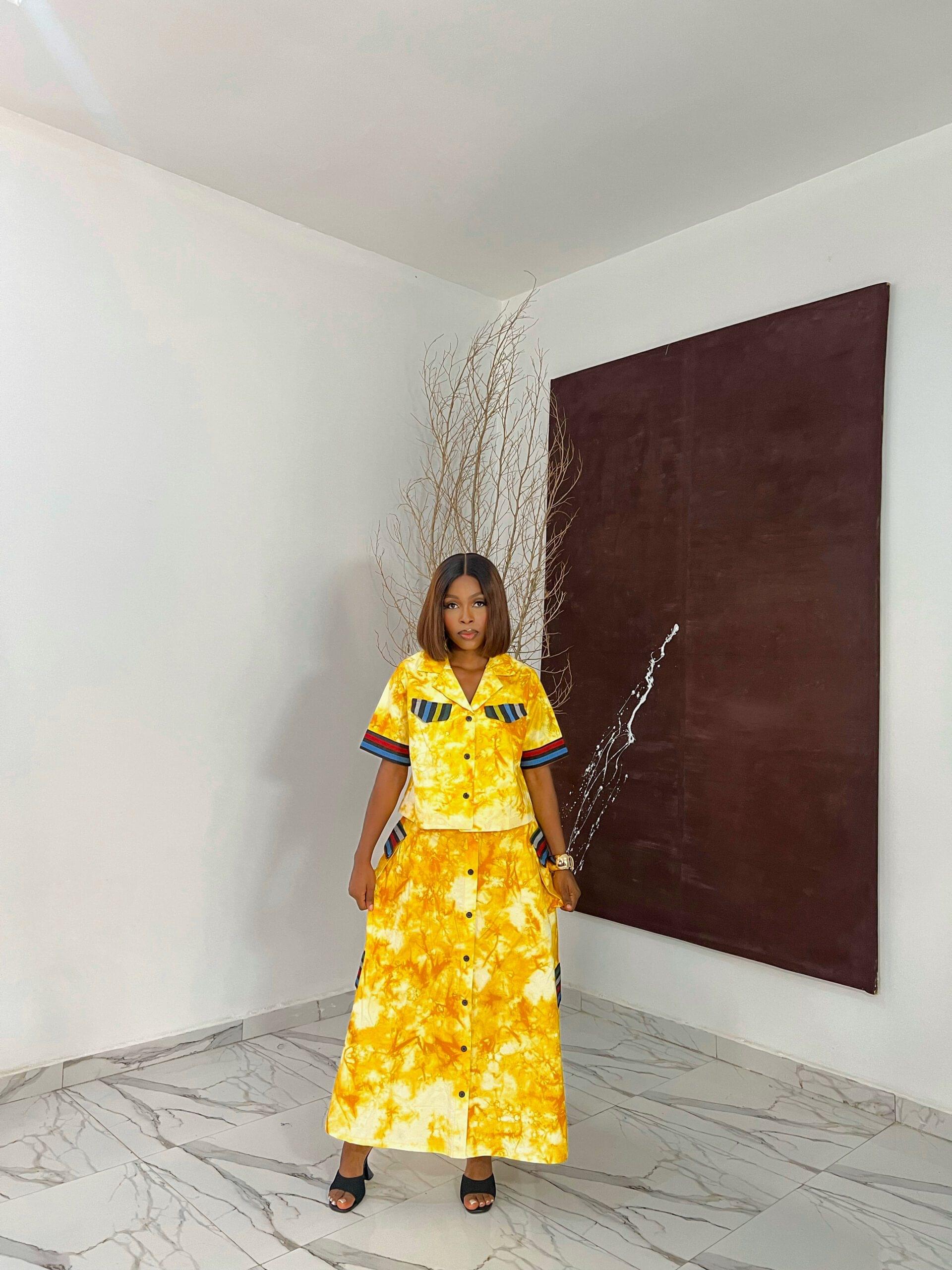 Adire skirt set crack adire aso oke gent collar Vikky