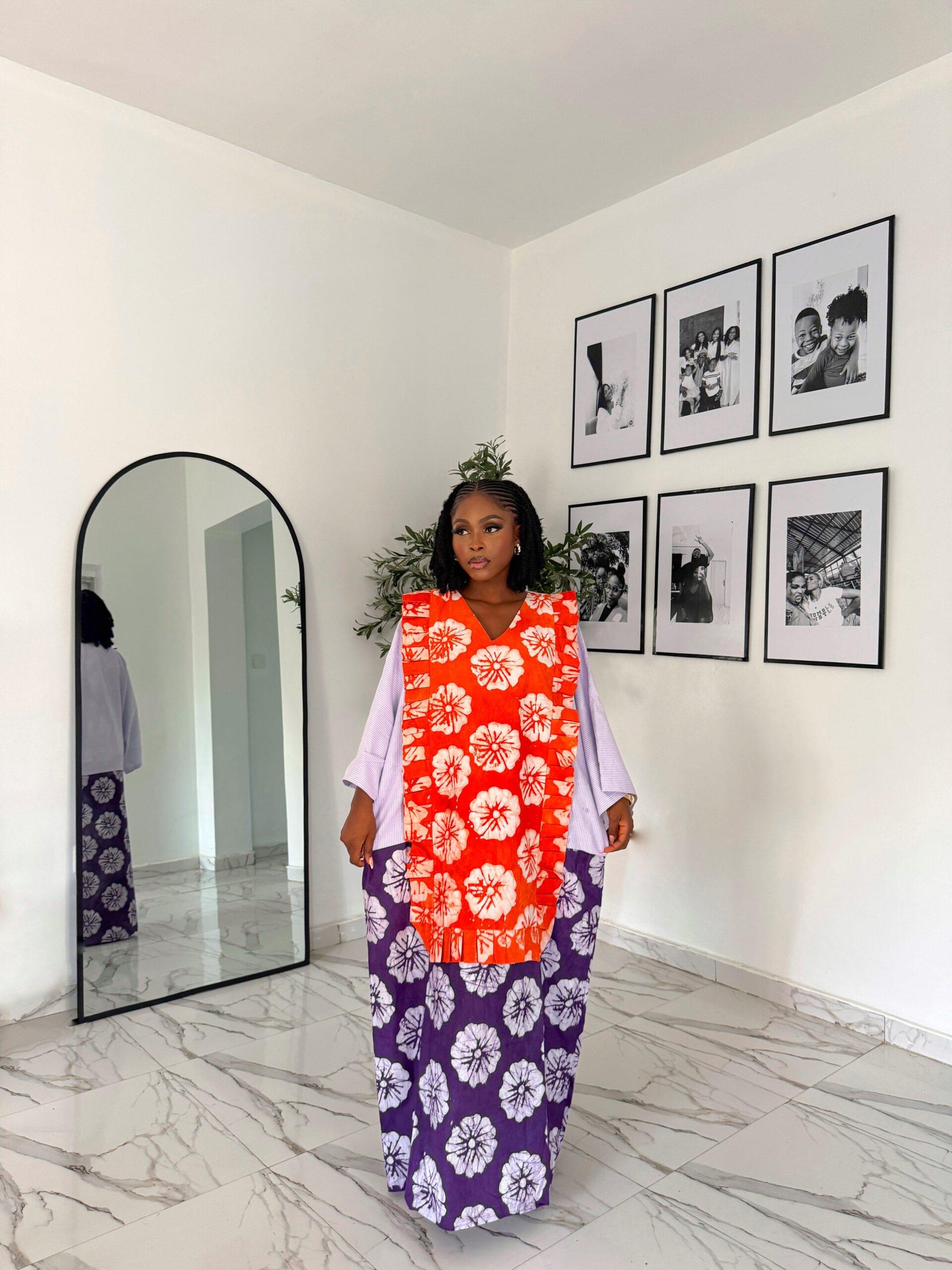 kimono sleeve bubu dress for sale showing a bubu dress name Tiara Midi made by tailored by adunni